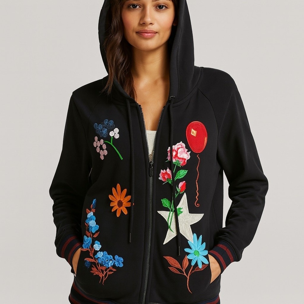 Rowley Fitness Hoodie Womens M Black Love Kit Embroidered Floral Zip Up Fleece